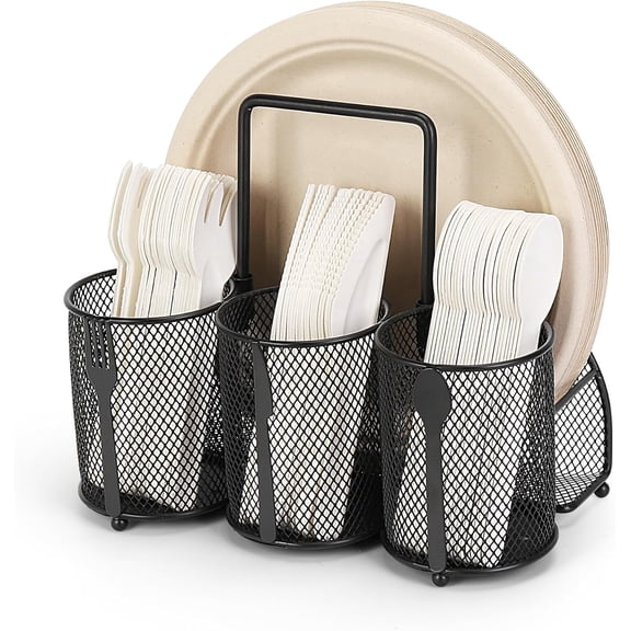 Metal Paper Plate and Silverware Holder Caddy with Handle, 4-Compartment Countertop Organizer for Plates, Napkins and Cutlery, BBQ, Buffet, Picnic, Camping