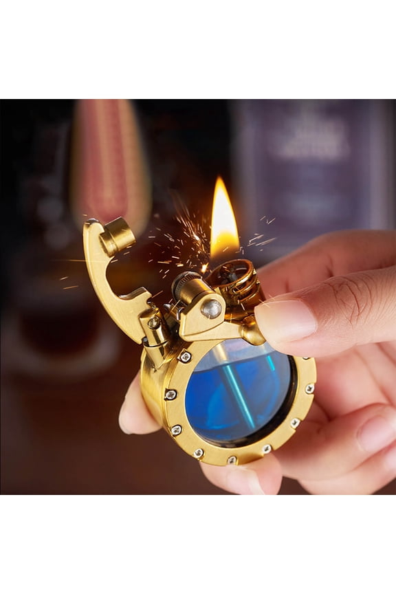 Metal Paraffin Lighter with Rocker Arm Ignition - Visible Transparent Large Capacity Oil Compartment - Energy-Saving, Durable for Candles & Stoves