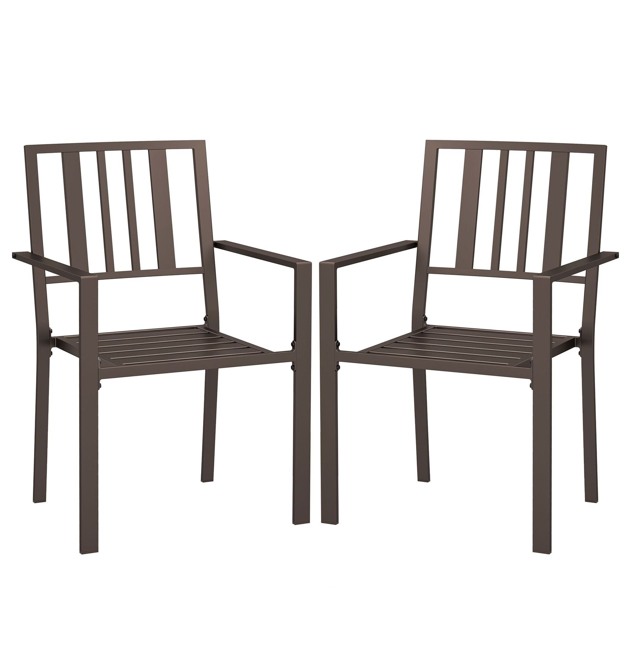 Metal Patio Dining Chairs Set of 2, Dark Brown Slatted Outdoor Chairs