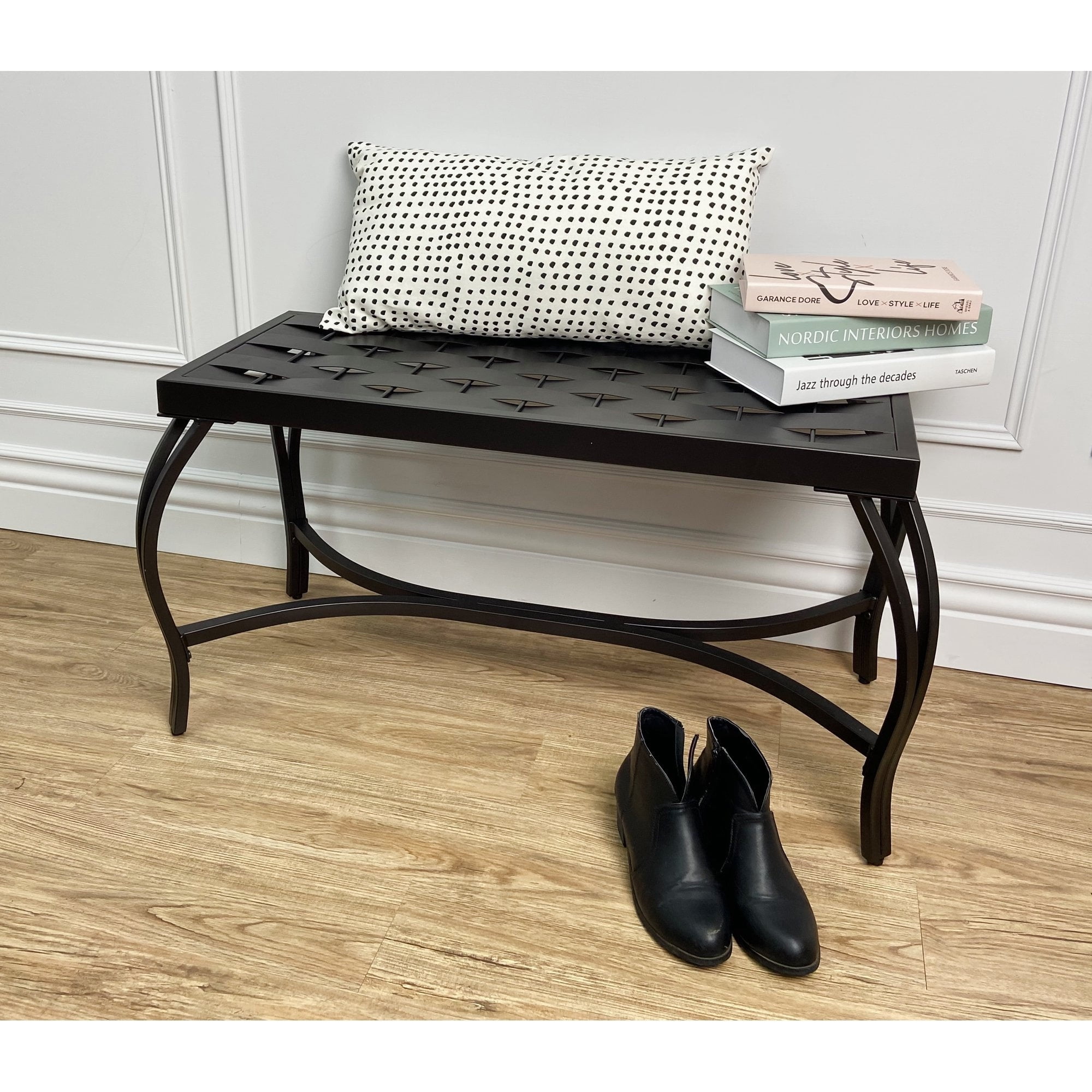 Bronze Black Powder Coated Metal Garden Bench with Woven Seat