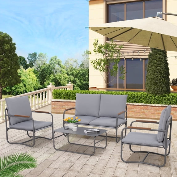 Metal Patio Outdoor Furniture Set, 4 Piece Outdoor Deep Seating Conversation Sets with Tempered Glass Top Coffee Table, Sectional Metal Frame Patio Furniture Sofa Set with 4” Cushions