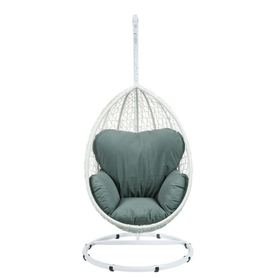 Metal Patio Swing Chair with Cushioned Seating and Round Base, White and Gray
