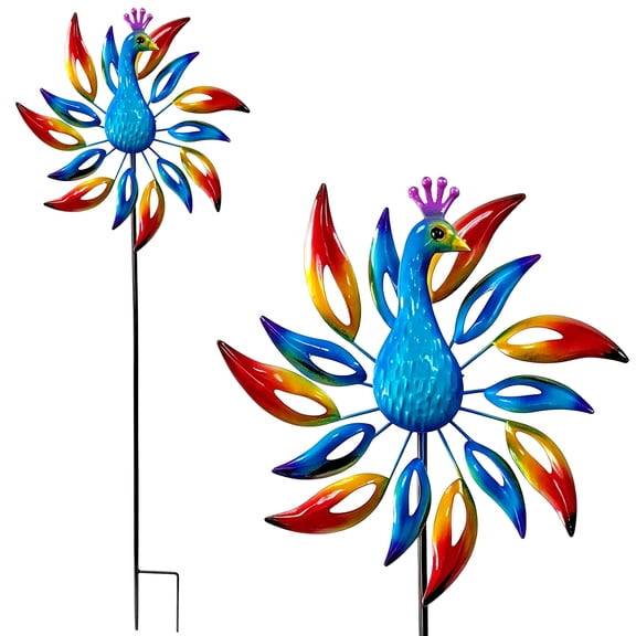 Metal Peacock Wind Spinners Outdoor, Wind Sculptures Windmill with Metal Stake, Kinetic Yard Art Decor Spinners Pinwheels for Garden Outside Patio Lawn, rotating blades with direction wind motion