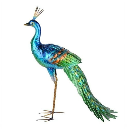 Metal Peacock With Tail Down Statue