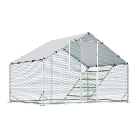 Metal Peak Top Chicken Coop with Roosting Ladder, Poultry Cage Chicken Run with Double Door and Waterproof & Anti-UV Canopy