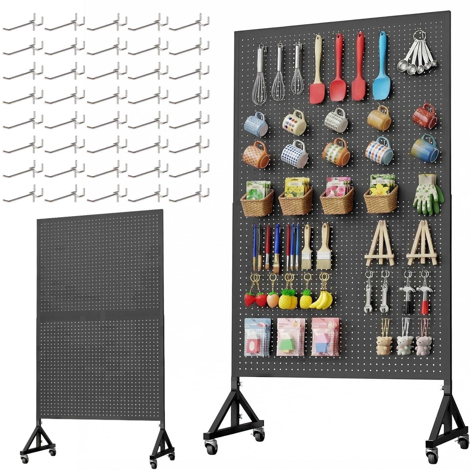HAIDAIYA Metal Pegboard Display Stand, 3.5' x 5.5' Large Standing Peg Board Panel with 40 Hooks and Wheels, Adjustable Height, Pegboards for Office, Garage, Vendor, Retail Display Rack (Black)