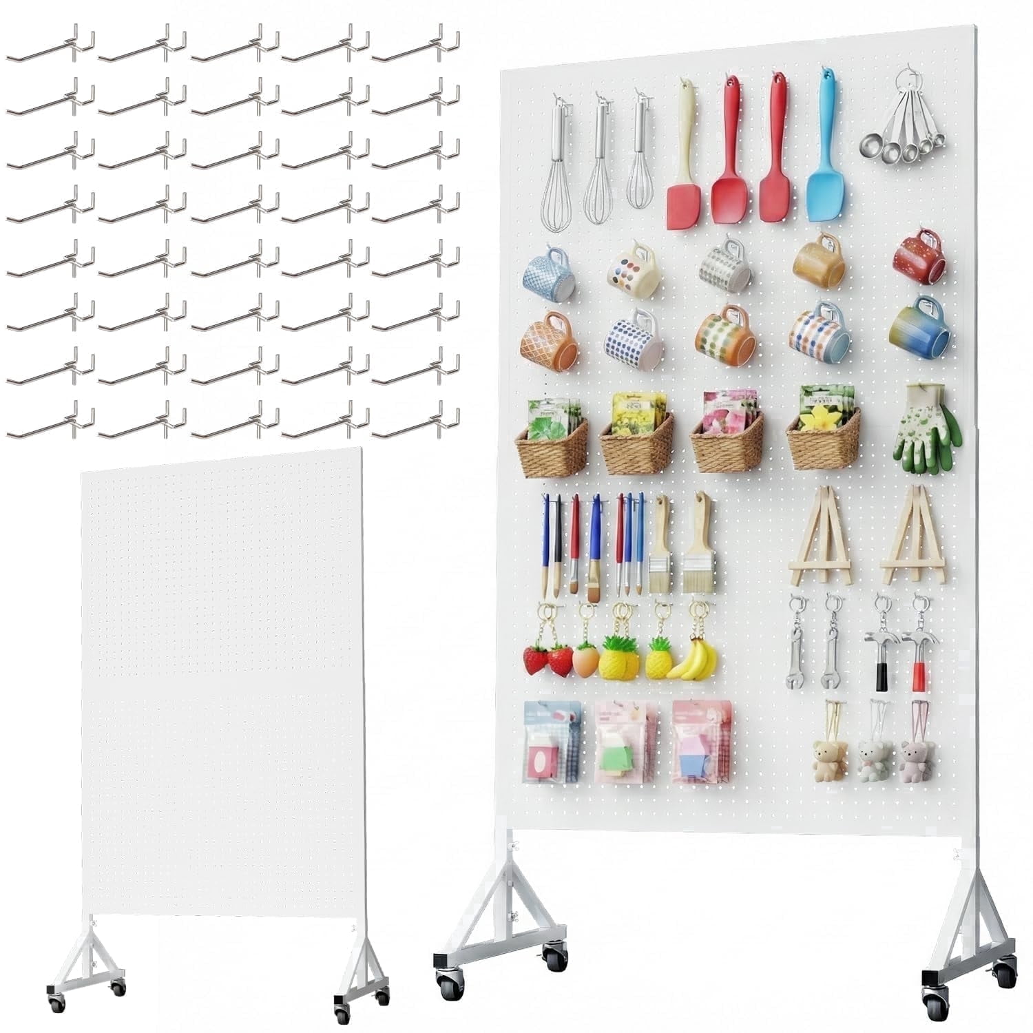 HAIDAIYA Metal Pegboard Display Stand, 3.5' x 5.5' Large Standing Peg Board Panel with 40 Hooks and Wheels, Adjustable Height, Pegboards for Office, Garage, Vendor, Retail Display Rack(White)