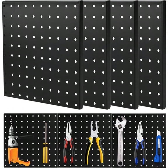 Metal Pegboard Wall Organizer, 4 Pcs Heavy Duty Black Panels For Garage, Workshop, Craft Room