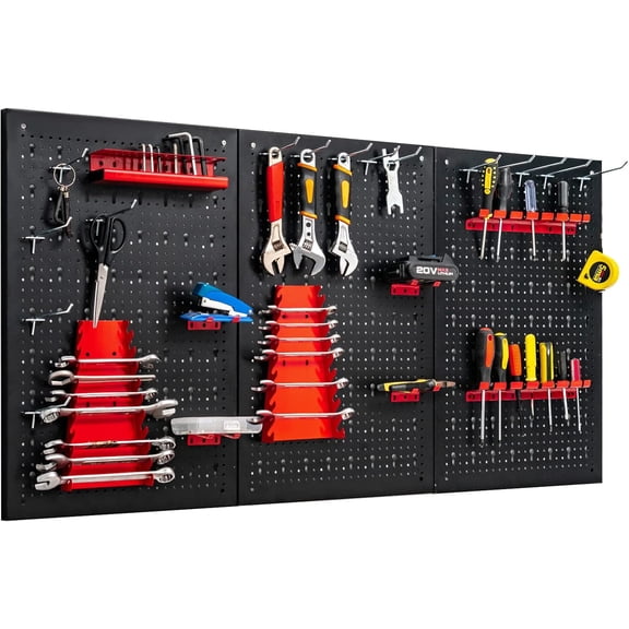 Metal Pegboard Wall Organizer, 4ft Tool Storage Peg Board w/3 Pegboards, Drill Bit & Wrench Rack, Hooks Accessories for Workshop, Black