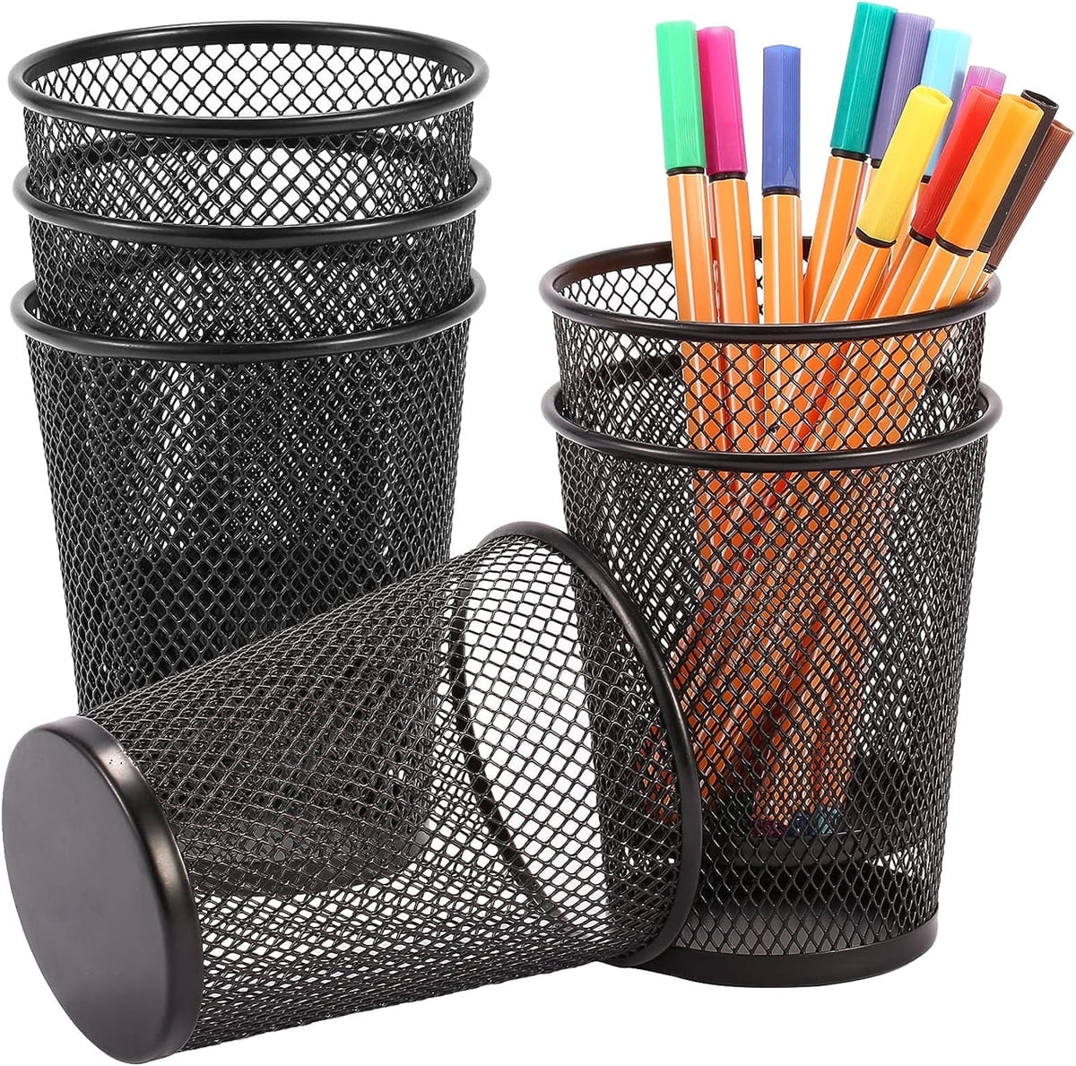 Metal Pen Holder,Happon 6 Pack Mesh Pencil Holder Desk Organized, Makeup Brush Holders, Round Wire Pen Cup Marker Holder for Desk Organizer for Home Office, Black