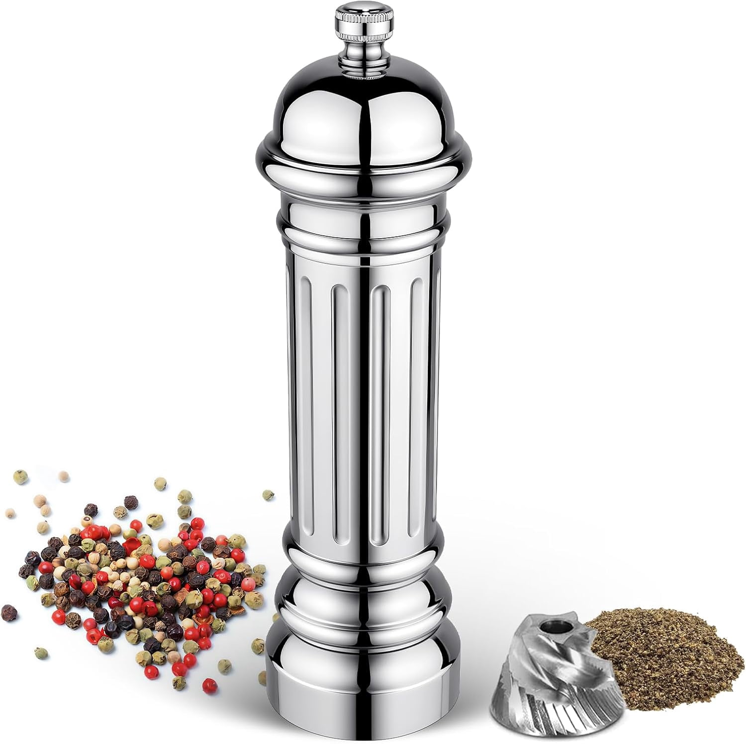 Metal Pepper Grinder with Stainless Steel Core, Heavy Duty High Output Pepper Mill with Adjustable Coarseness, All-Metal Construction, Refillable (Silver)