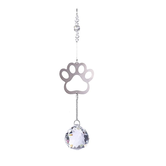 Metal Pet Hanging Ornaments Window Rainbow Maker Glass Round Tassel Hanging Suncatcher for Home Garden Porch Decoration Paw Print 500mm