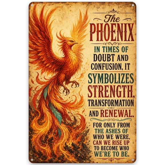 Metal Phoenix Wall Decor Sign 8x12 Inch - Inspirational Strength and Renewal Quote Home Decor, Vintage Style, Easy Hanging, Indoor/Outdoor Use, Weather Resistant, Rustic Iron Wall Art