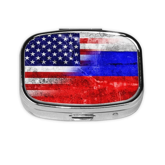 Metal Pill Organizer Russian America Flag Portable Compact Pill Box 2 Compartments Pill Case For Purse Pocket