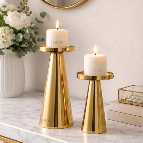 Metal Pillar Candle Holder Set, Decorative Tabletop Centerpiece, Shiny Gold, 2-Piece Set
