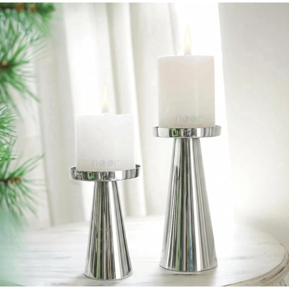 Metal Pillar Candle Holder Set, Decorative Tabletop Centerpiece, Shiny Silver, 2-Piece Set
