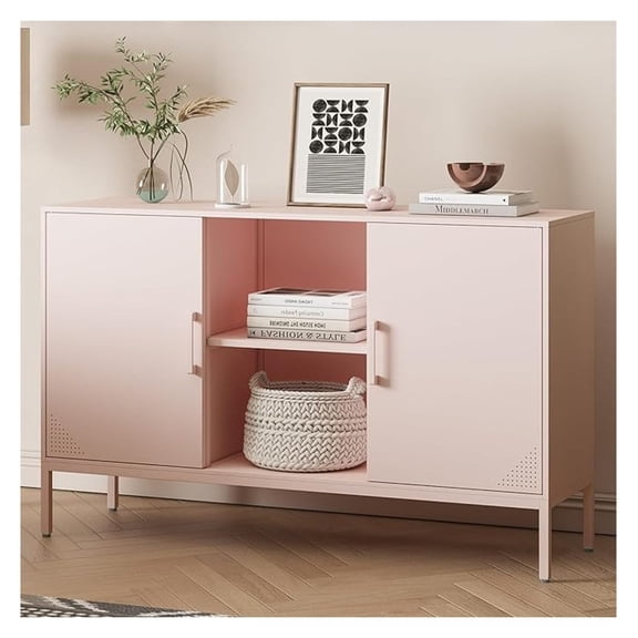 Metal Pink TV Stand with Storage,Storage Cabinet Coffee Bar Buffet Cabinet Kitchen Sideboard with Adjustable Shelves for Living Room Bedroom