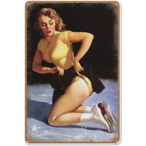 Metal Pinup Cute Injury Ice Skate Girl 1953 Reproduction, Style Pinup Waitress,Sexy Girl Wall Art, Garage Metal Sign for Man Cave Bar Garage Tools Wall Decor,Metal Tin Sign 6 X 8 Inch