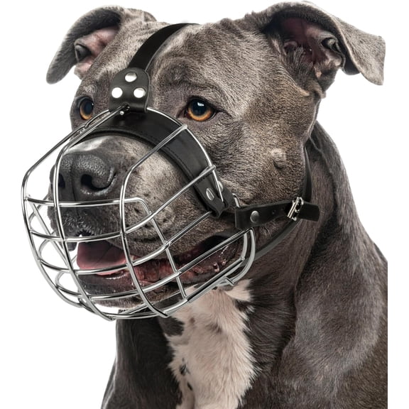 Metal Pitbull Muzzle for Large Sized Dog Basket Muzzle for Dogs with Adjustable Leather Straps Steel Cage Dog Muzzles to Prevent Biting Mouth Guard for Large and Medium Pitt Bull