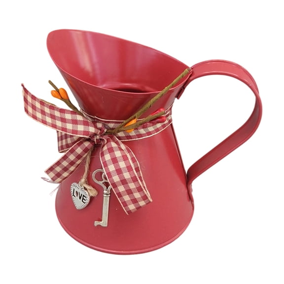 Metal Pitcher Vase Farmhouse Country Decorative Tin Milk Jug With Plaid Ribbon For Table Centerpiece Mantel Shelf Decor(Red-12.5X10X8Cm)