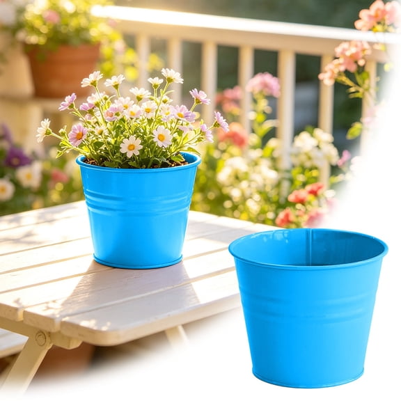 Metal Plant Pot Rustproof Ribbed Tin Planter With Drainage Hole Small Decorative Iron Bucket For Succulent Indoor Windowsill Tabletop(Blue-13.5Cm)