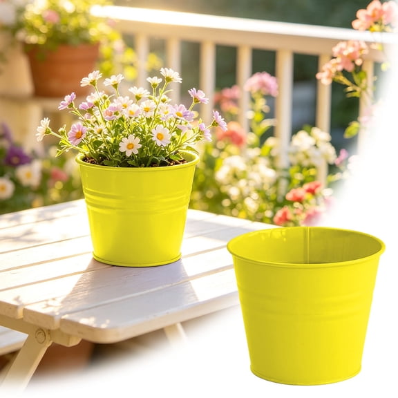 Metal Plant Pot Rustproof Ribbed Tin Planter With Drainage Hole Small Decorative Iron Bucket For Succulent Indoor Windowsill Tabletop(Yellow-13.5Cm)