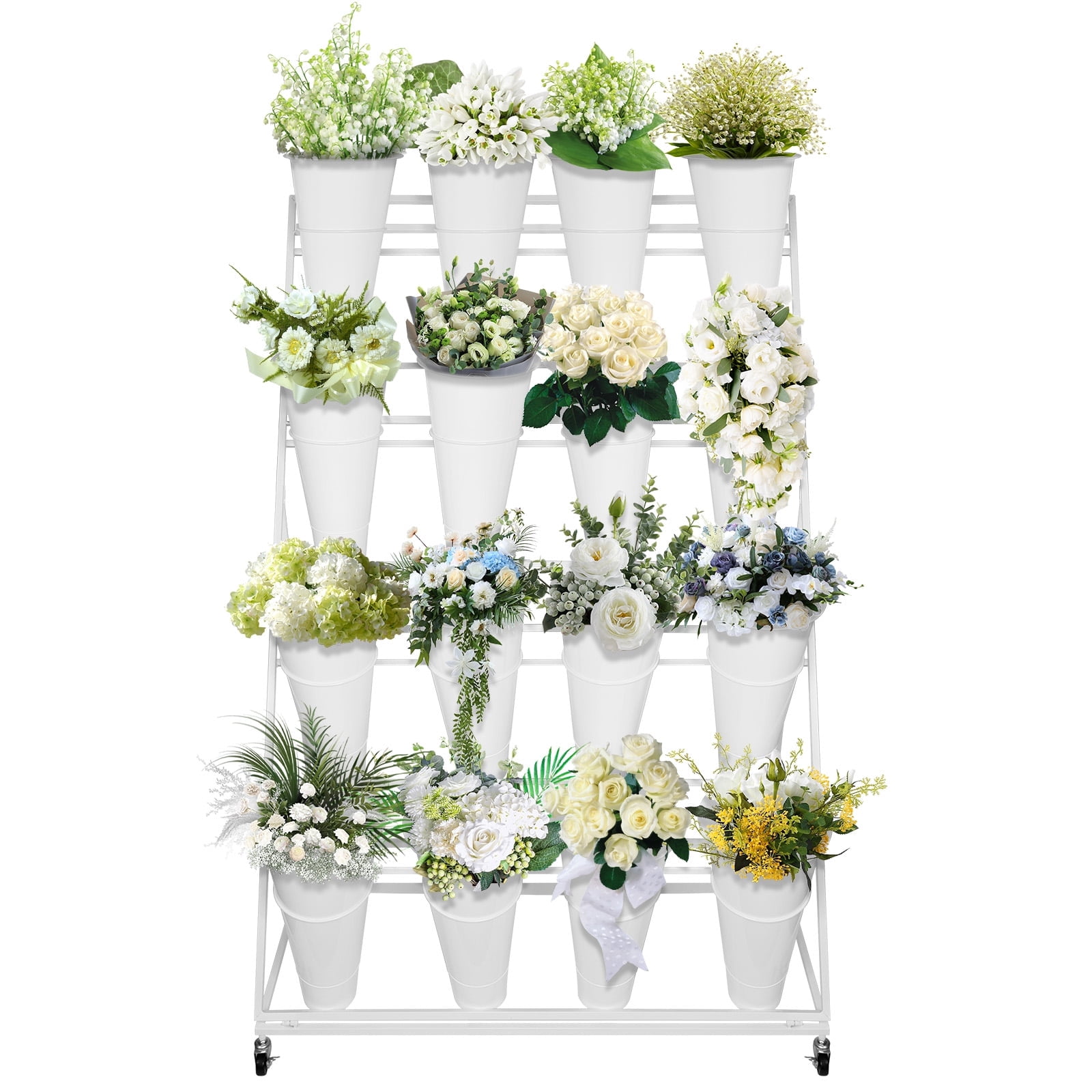 Metal Plant Stand with 16 White Spacious Containers, 4-Tier Flower Rack ...