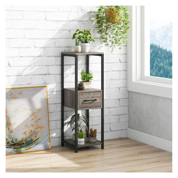 Metal Plant Stand 3 Tier with Drawer - Indoor Outdoor Flower Shelf for Living Room, Balcony, Office - Tall Vertical Display Rack with Anti-Tip Kit & Storage