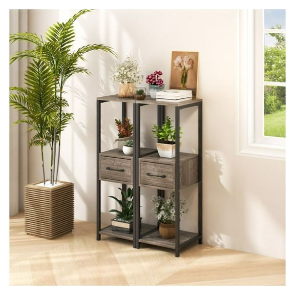Metal Plant Stand 3 Tier with Drawer - Tall Display Shelf for Plants, Books & Decor - Space Saving Vertical Design - Grey & Black - 2 Pack