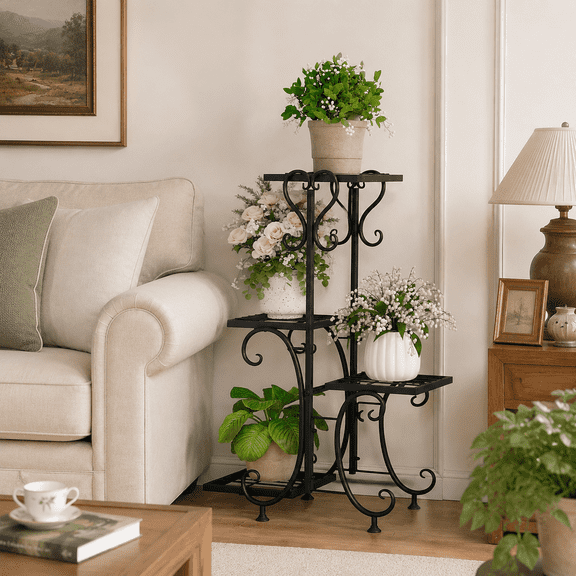 Metal Plant Stand 4 Pot, Indoor And Outdoor Flower Pot Rack Display Stand - Wrought Iron Corner Multi-Planting Rack Organizer for Garden Patio Lawn Balcony Office And Store Display, Halloween Decor