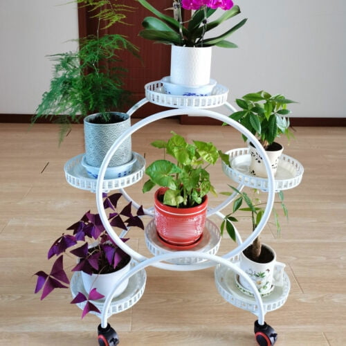 Metal Plant Stand, 6 Potted Holders,Indoor Outdoor Plants Flower Rack with Wheel