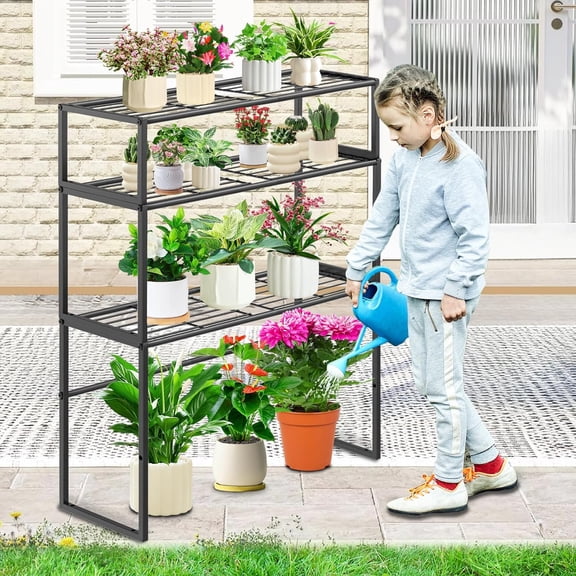 Metal Plant Stand Indoor Outdoor, 3 Tier Potted Multiple Flower Pot Holder Rack Plant Shelf, Heavy Duty Planter Display Shelving for  Balcony Garden Living Room Decorative (Black-3 Tier)