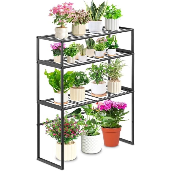Metal Plant Stand Indoor Outdoor, 3 Tier Potted Multiple Flower Pot Holder Rack Plant Shelf, Heavy Duty Planter Display Shelving for Patio Balcony Garden Living Room Decorative (Black-3 Tier)