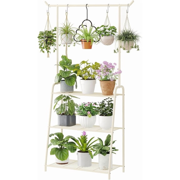 Metal Plant Stand Indoor Outdoor, 3 Tier Tall Corner Plant Shelf, Hanging Flower Ladder for Living Room, Balcony, Garden, Patio