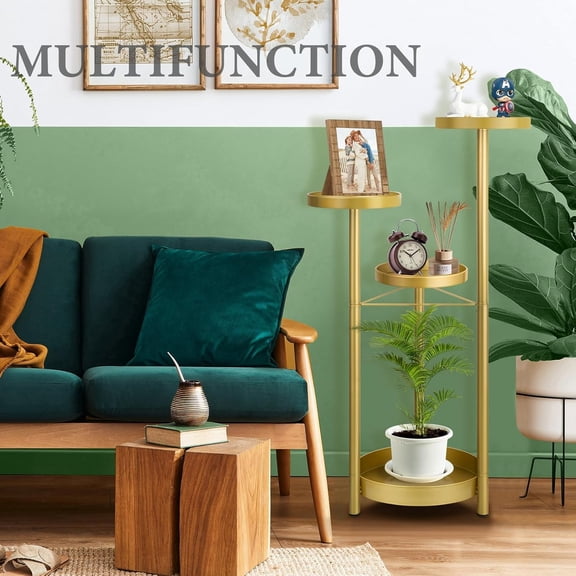 Metal Plant Stand Indoor Outdoor 4-Tiper with 4 Flower Pot Holders Corner Tall Plant Shelves Multiplel Foldable Planter Rack Display Shelves for Livingroom, Bedroom, Office - Gold