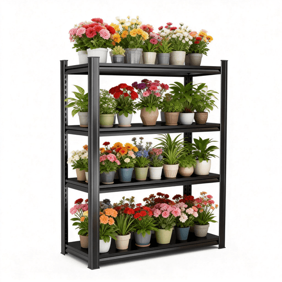 Metal Plant Stand Indoor Outdoor, 4 Tier Waterproof Plant Shelf, Upgraded Reinforced Double-Layer Columns for Multiple Flower, Planter Holder Tall Large Rack for Patio Garden Balcony Kitchen, Black