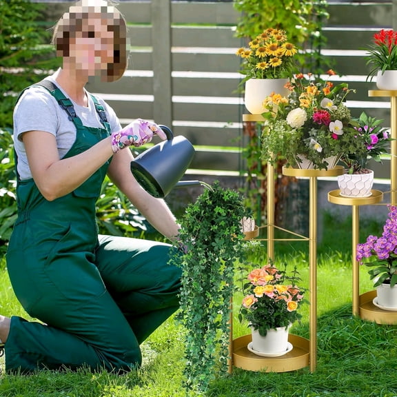 Metal Plant Stand Indoor Outdoor 4-Tiper with 4 Flower Pot Holders Corner Tall Plant Shelves Multiplel Foldable Planter Rack Display Shelves for Livingroom, Bedroom, Office - Gold$$Garden & Patio