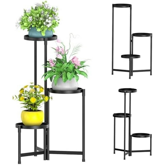 Metal Plant Stand Indoor Outdoor for Multiple Plants, 3 Tiered Folding Corner Shelf Tall Flower Pot Holder Display Rack for Patio Living Room Balcony Garden, Black
