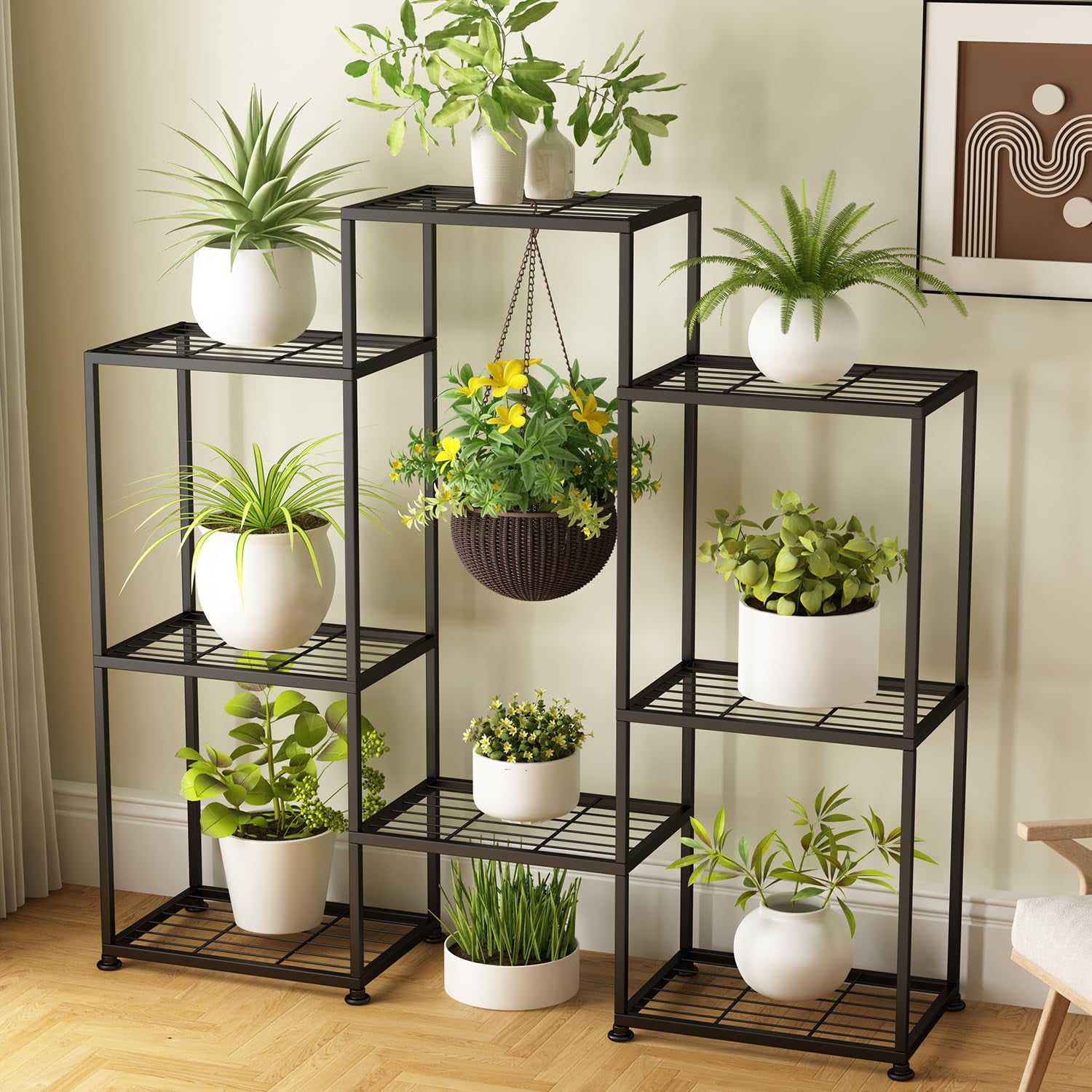 Black Coated 4-Tier Metal Plant Stand with 8 Shelves