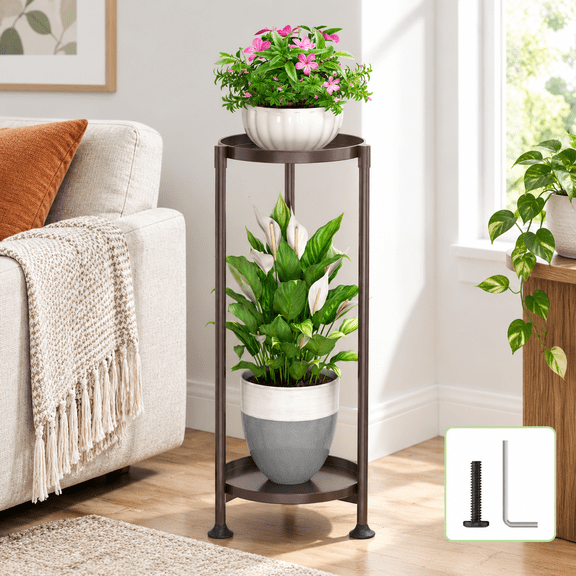Metal Plant Stand Indoor Tall With 11 Inch Large Tray 2 Tier Brown