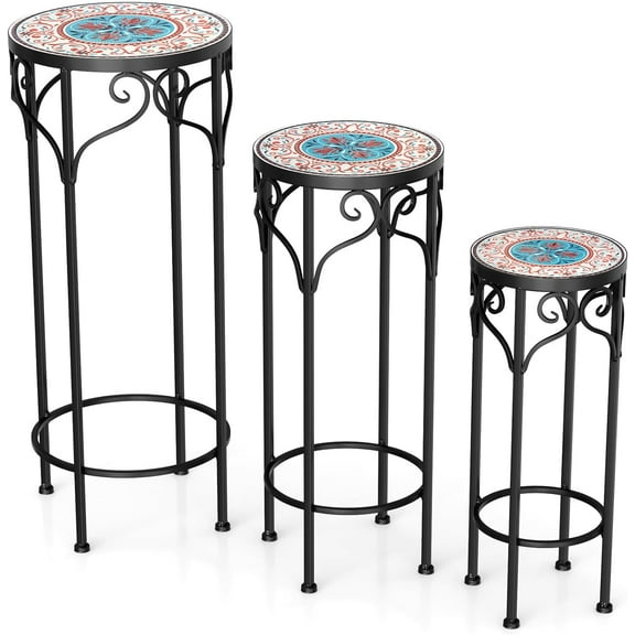 Metal Plant Stand Set of 3, 28" Mosaic Tall Flower Stand with Ceramic Top, Round Tile Nesting Display Side Table, Indoor Outdoor Flower Holder for Wedding Party Patio Living Room