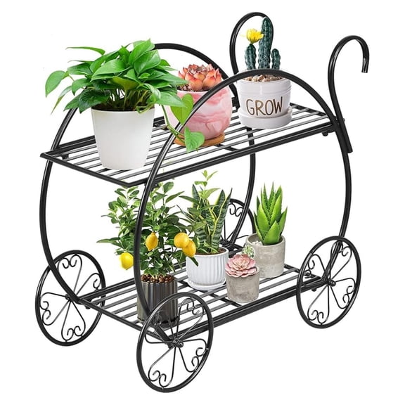 Metal Plant Stand, Two Tiered Garden Cart Shelf for Indoor Outdoor Home Garden Patio, Parisian Style Flower Pot Holder, Stable and Durable