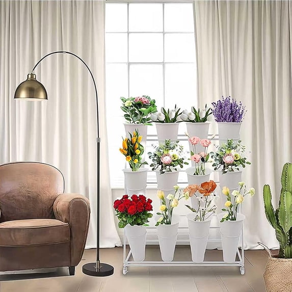 Metal Plant Stand with Wheels for Florist, Flower Display Stand with 16pcs Buckets, 3 Layers Moving Plant Cart Shelf Flower Bar for Indoor, Outdoor Patio Garden