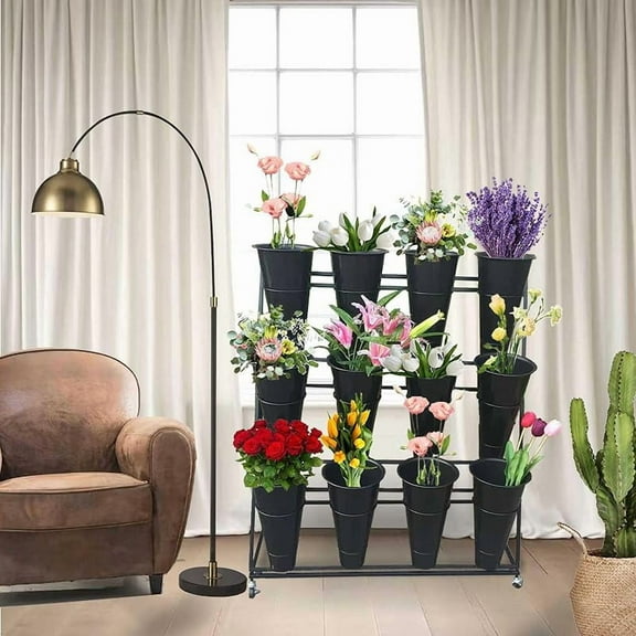 Metal Plant Stand with Wheels for Florist, Flower Display Stand with 16pcs Buckets, 3 Layers Moving Plant Cart Shelf Flower Bar for Indoor, Outdoor Patio Garden