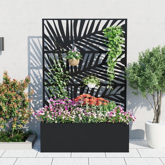 Metal Planter Box with Trellis, 71"x47"x16" Raised Garden Bed for Climbing Plants, Vegetables, Vines, Privacy Planters for Patio with Drainage Holes, 15.7" Deep Planting Bed
