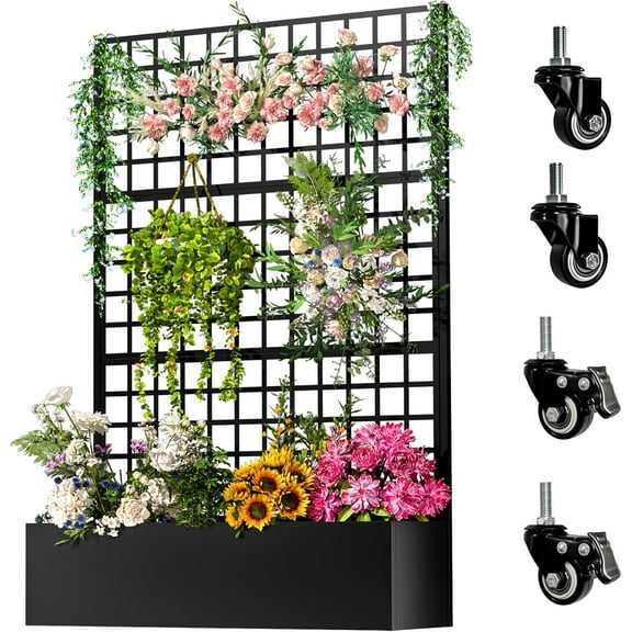 Metal Planter Box with Trellis,72"x47"x16"Galvanized Steel Outdoor Raised Garden Bed with Privacy Screen,with Drainage Holes & Lockable Casters for Climbing ,Vegetables,and Vines(Black-Grid)