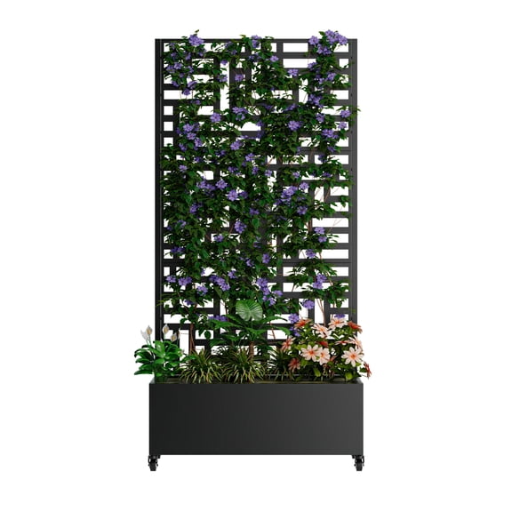 Metal Planter Box with Trellis,73.2"x35.4"x15.7" Galvanized Steel Outdoor Raised Garden Bed with Privacy Screen, with Drainage Holes & Lockable Casters for Climbing Plants, Vines, and Vegetables