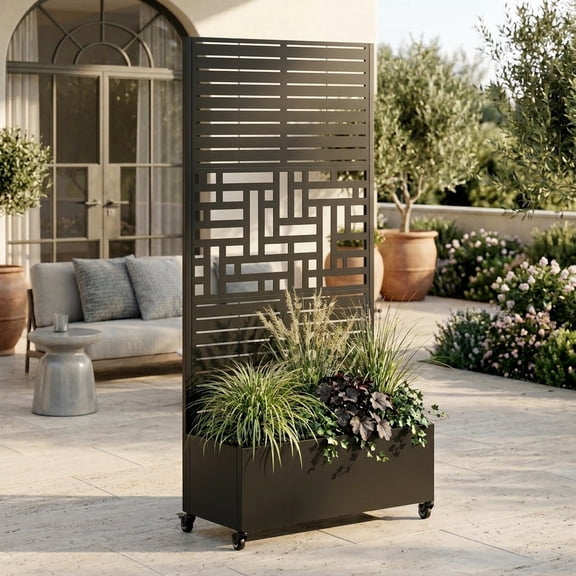 Metal Planter Box with Trellis, 73"x35"x16 Metal Raised Garden Bed with Trellis, Metal Planter Box with Drainage Holes & Lockable Wheels & Privacy Screen for Climbing Plants, Vegetables, Vines