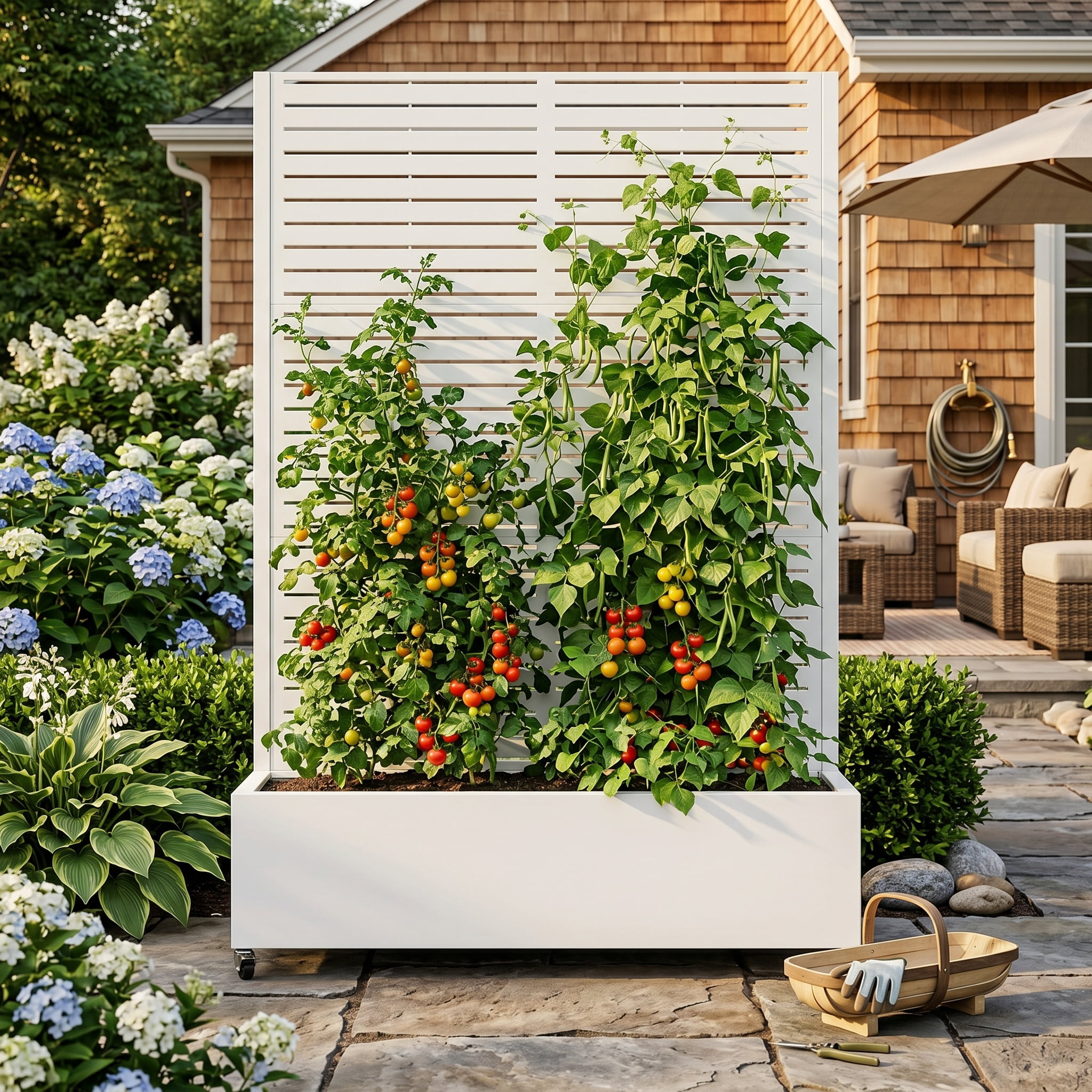 Metal Planter Box with Trellis, 73"x47"x16" Metal Raised Garden Bed with Trellis, Metal Planter Box with Drainage Holes & Lockable Wheels & Privacy Screen for Climbing Plants, Vegetables, Vines