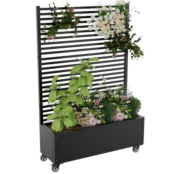 Metal Planter Box with Trellis Privacy Screen, 70.3 x 47.2 x 14.7" Raised Garden Bed with Drainage Holes & Lockable Casters, Outdoor Privacy Planter for Climbing Plants, Patio, and Garden